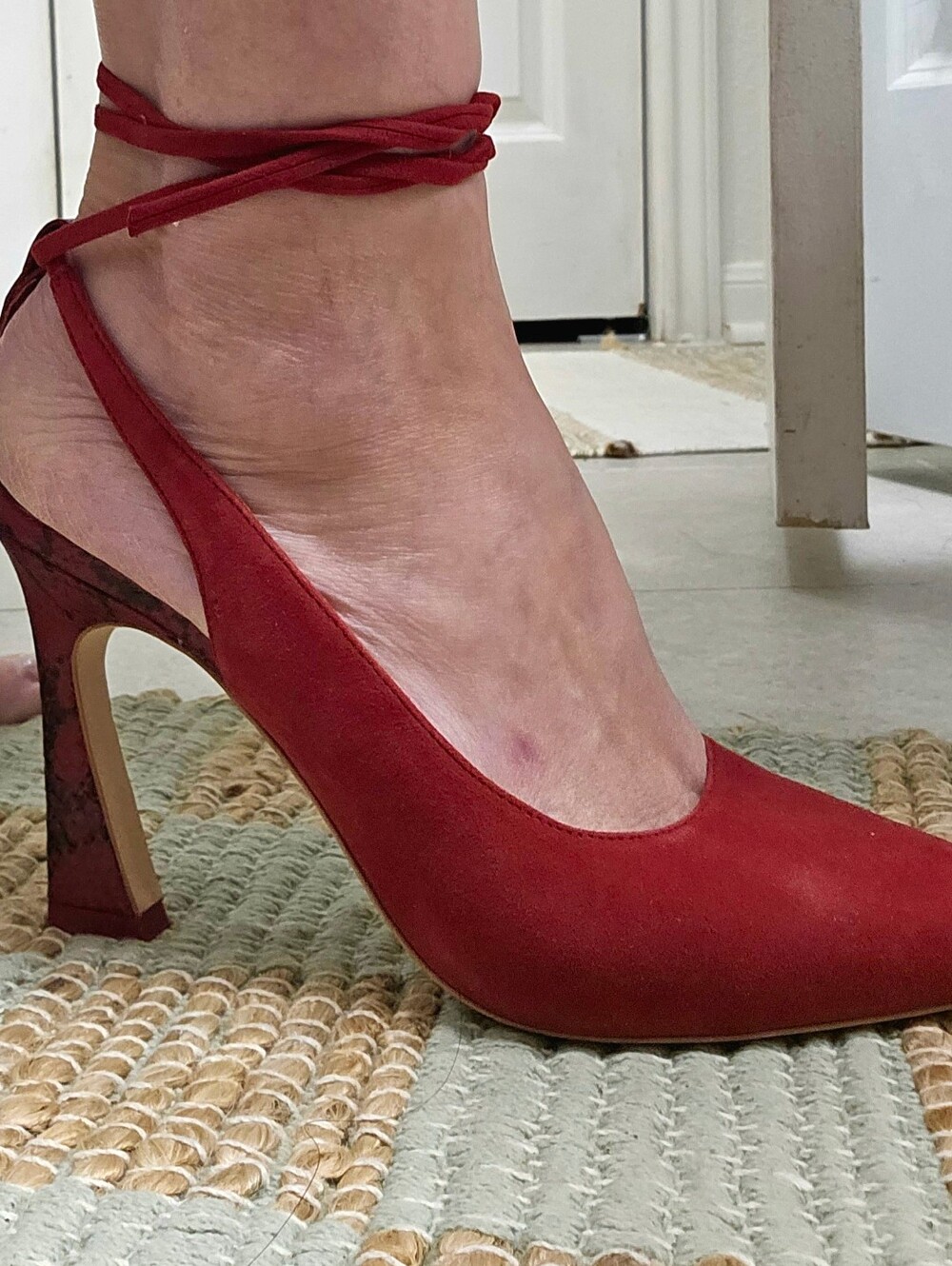 Red Suede Tie-Ankle Pointed Heel Pumps - Women's 8